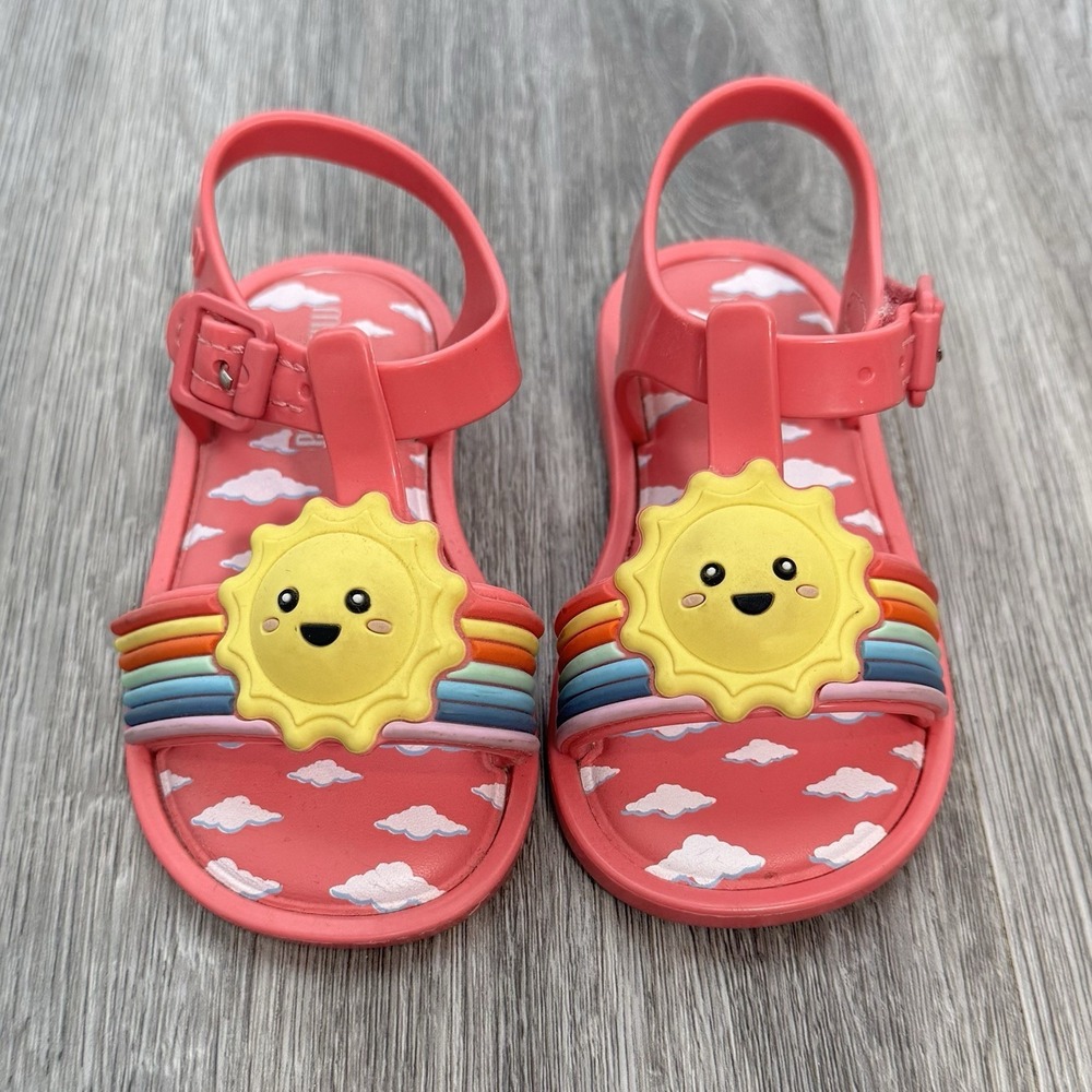 Mini Melissa Mar Sunny Day Jelly Sandals US 6 Pink Sun Rainbow Clouds Beach Cute